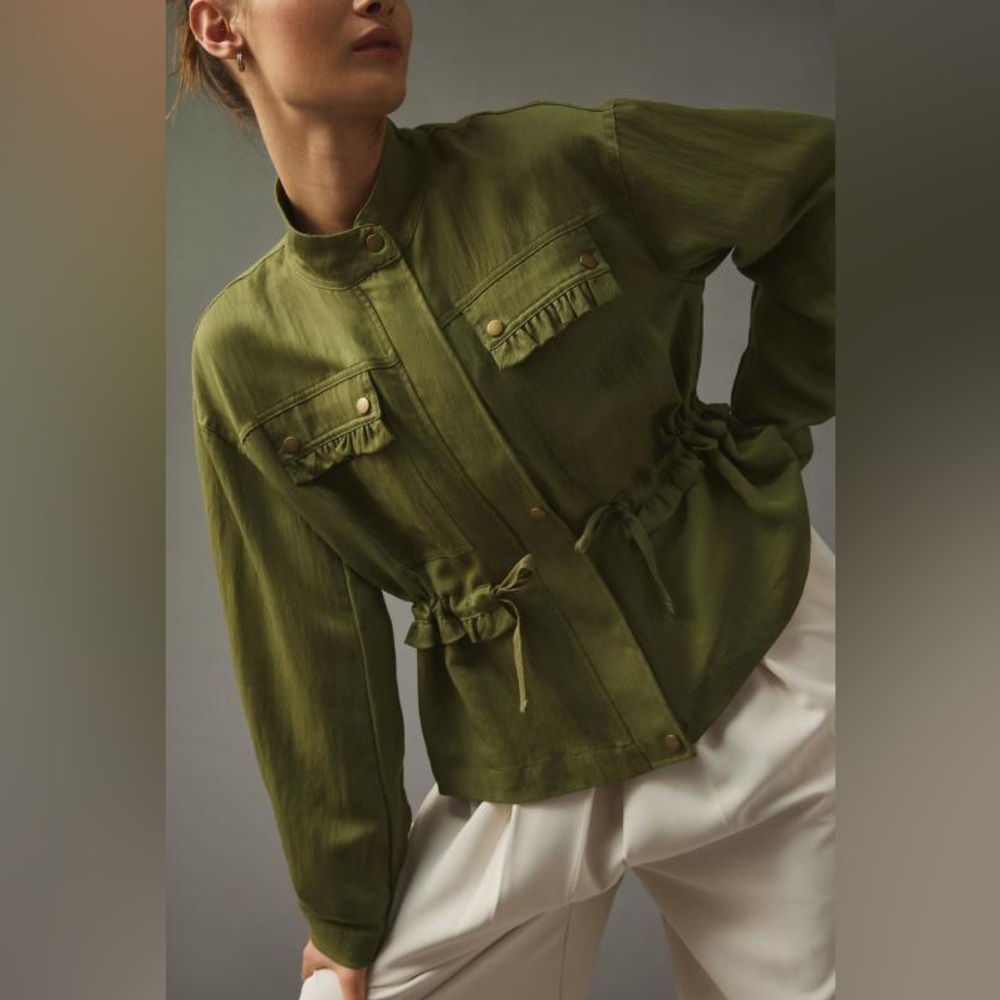Anthropologie Moss Green Ruffle Detail Cropped Military Utility Jacket Womens XL